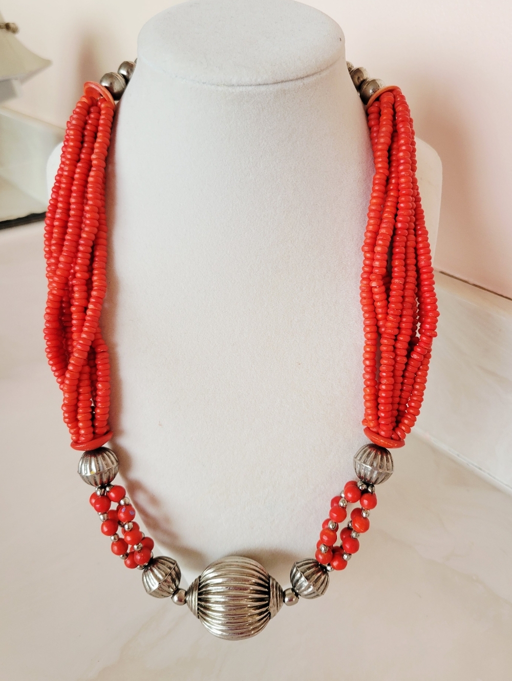 Vintage Multi-Strand Red Coral Seed Bead And Silver Necklace
